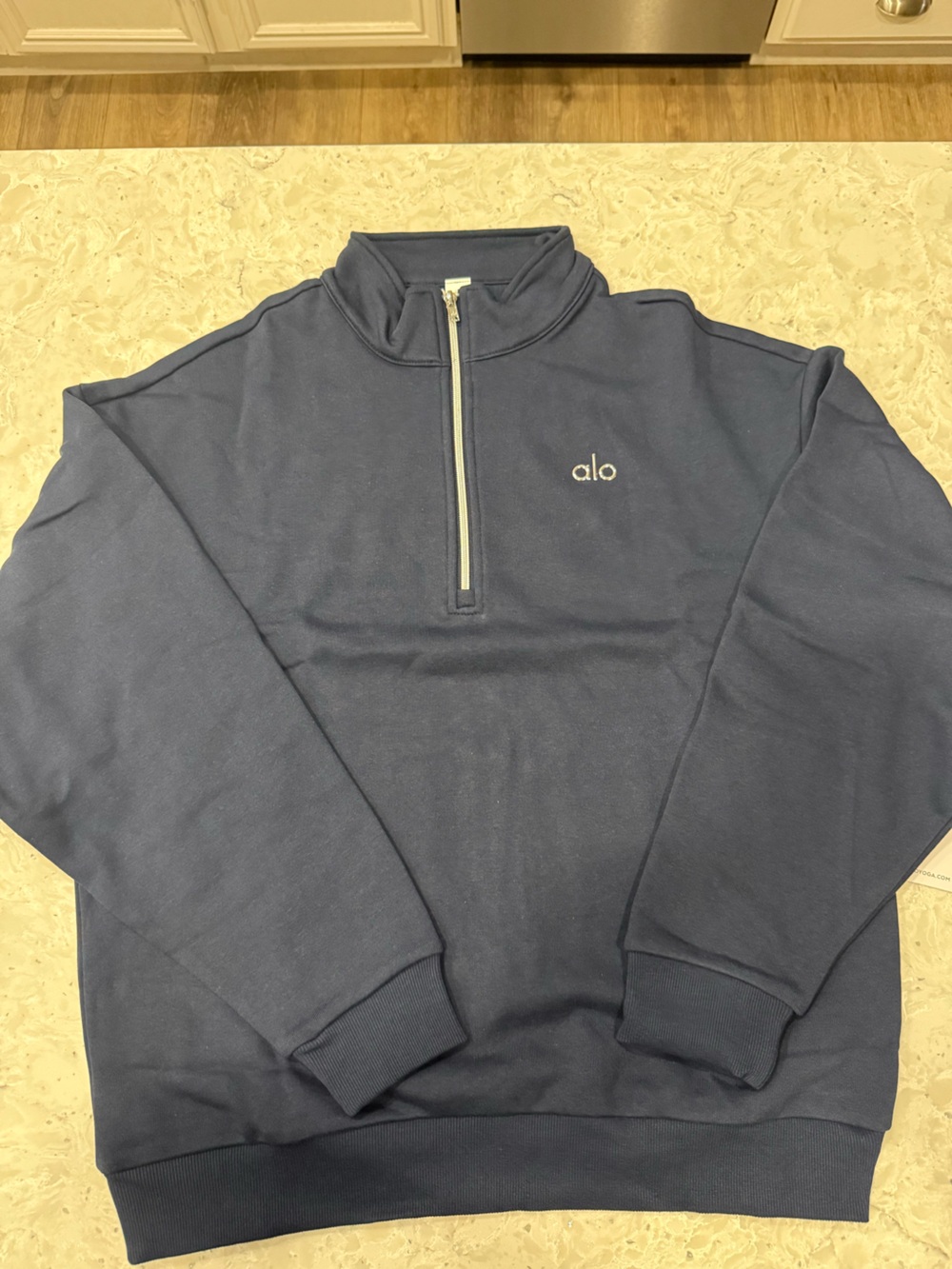 ALO Yoga Men’s Navy 1/4 Zip-Up Sweater with Silver Accents - Picture 2 of 3